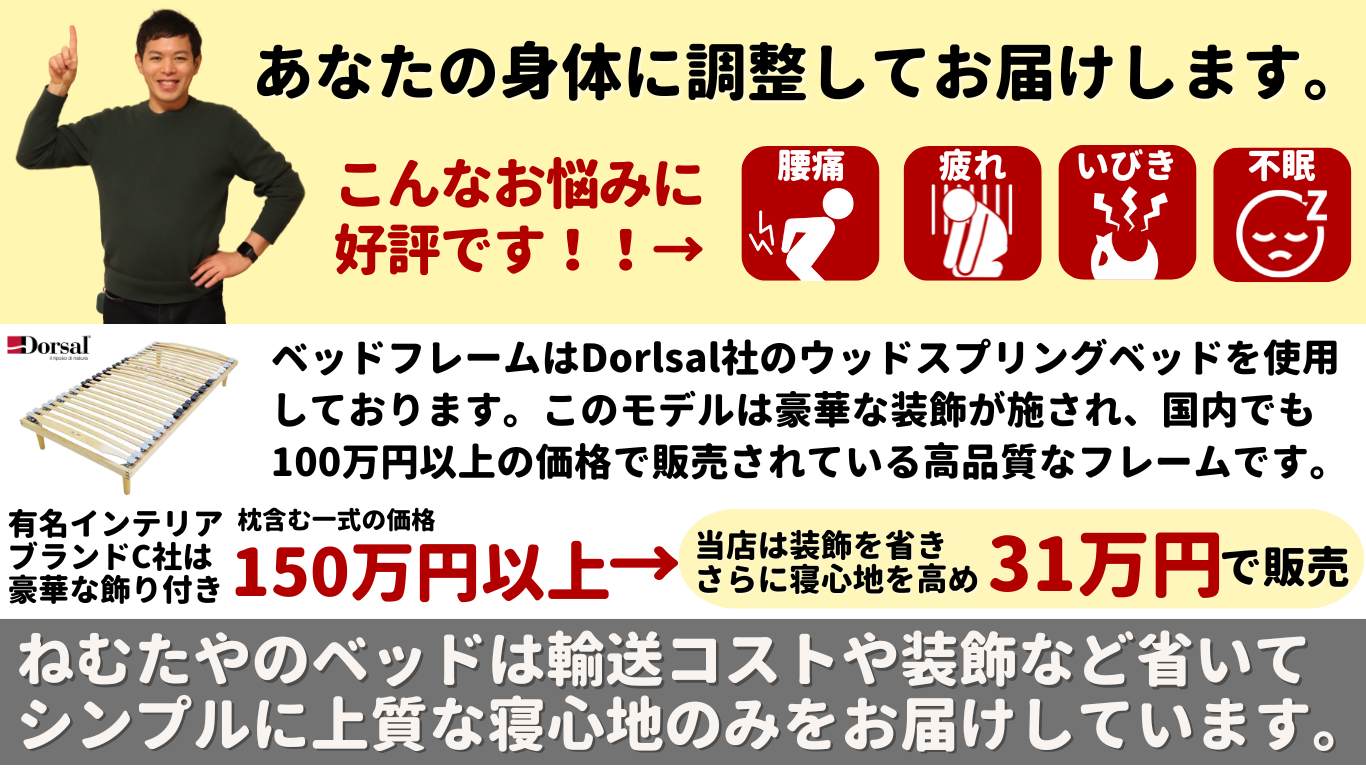 あなたの身体に調整してお届けします。 こんなお悩みに 好評です!! → 腰痛 疲れ いびき 不眠 Dorsal 有名インテリア ベッドフレームはDorlsal社のウッドスプリングベッドを使用 しております。 このモデルは豪華な装飾が施され、 国内でも 100万円以上の価格で販売されている高品質なフレームです。 ラランドで社は 約150万円 豪華な飾り付き ねむたやは装飾を省きさらに寝心地を高めて 29万円で販売 ねむたやのベッドは輸送コストや装飾など省いて シンプルに上質な寝心地のみをお届けしています。